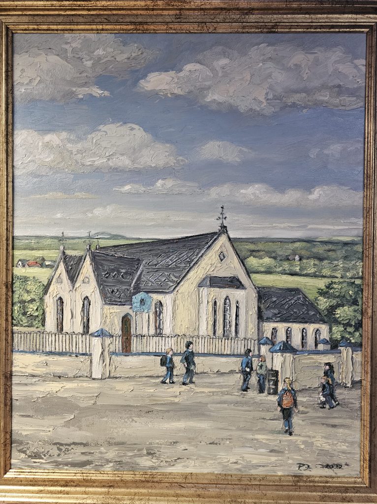 Painting of Drumbaragh National School with some children walking to school